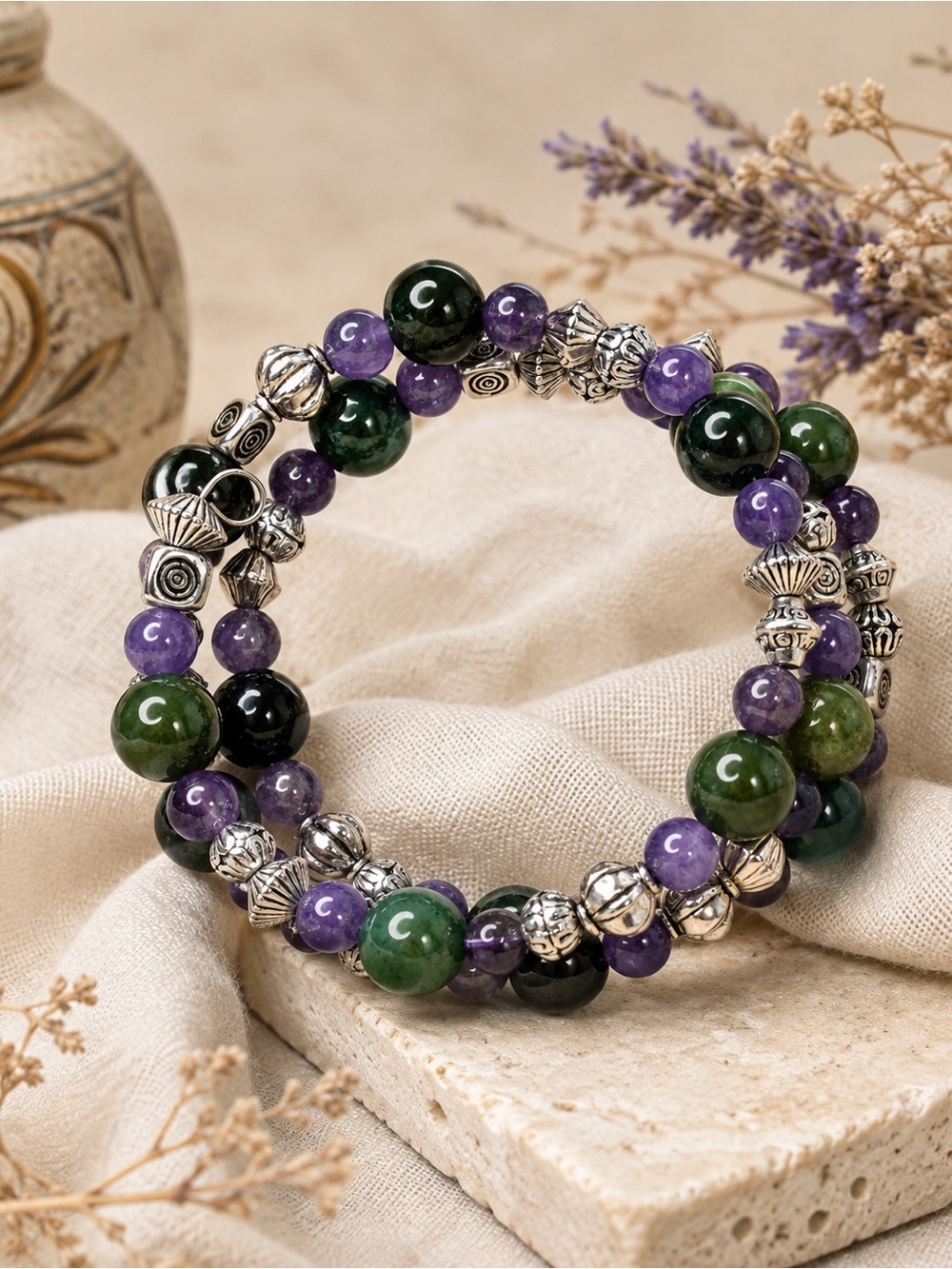 Handmade Green Aventurine & Amethyst Memory Wire Wrap Bracelet, Silver Accents